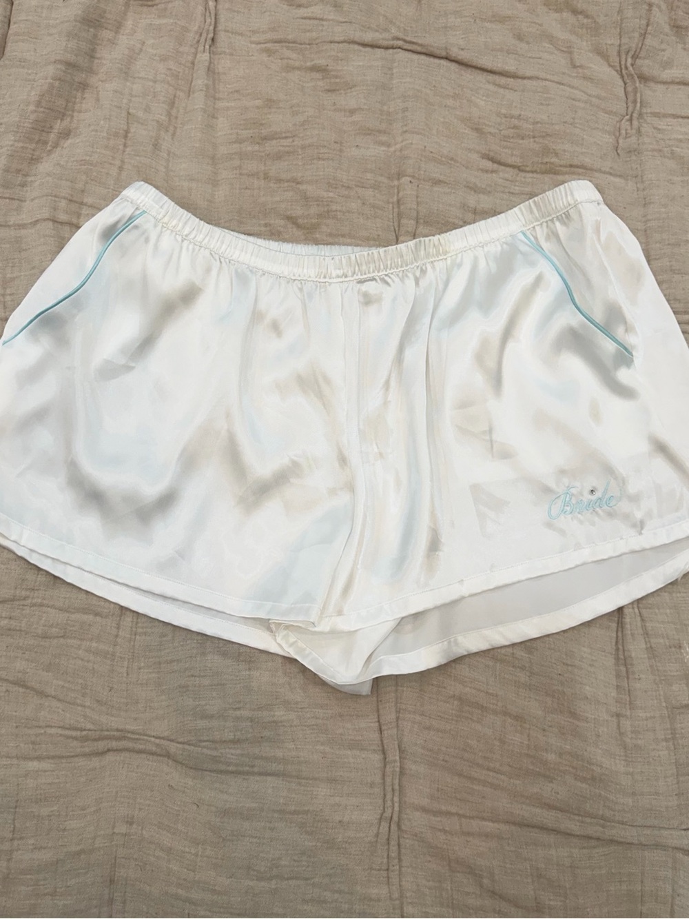 White satiny shorts with light blue piping, size L #bride #wedding